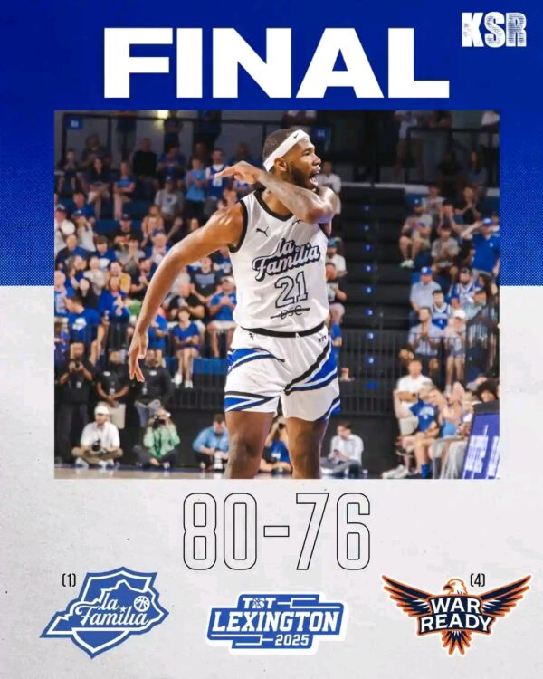 PHEW! La Familia survives a thriller vs. War Ready to advance to the TBT Lexington Regional Championships. Shoutout to Archie Goodwin for the game-winner! They’ll face Eberlein Drive on Tuesday night